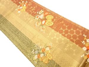 縞に鼓・牡丹・菊・梅模様織出し全通袋帯